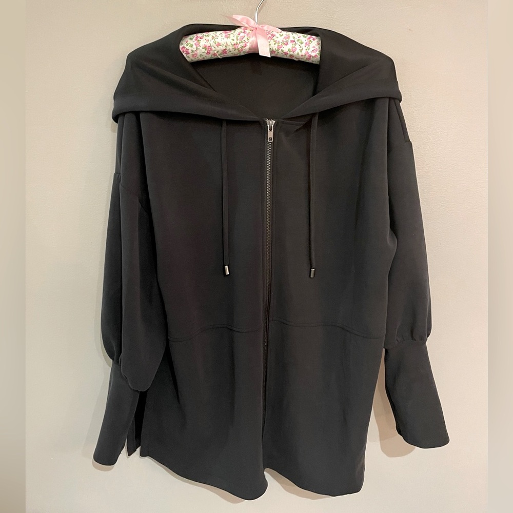 Cable & Gauge Athletic Puff Sleeve Slit Charcol Gray Hooded Zip-up Jacket